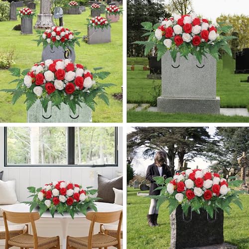 Cemetery Headstone Flower Saddle,Artificial Cemetery Flower Saddles for Graves,Artificial Rose Cemetery Memorial Flowers for Outdoor Tombstone Headstone Decorations (Red) image 2