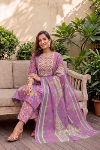 Image of MIRCHI FASHION Women's Straight Fit Pure Cotton Embellished Floral Printed Kurta Set with Dupatta and Trouser