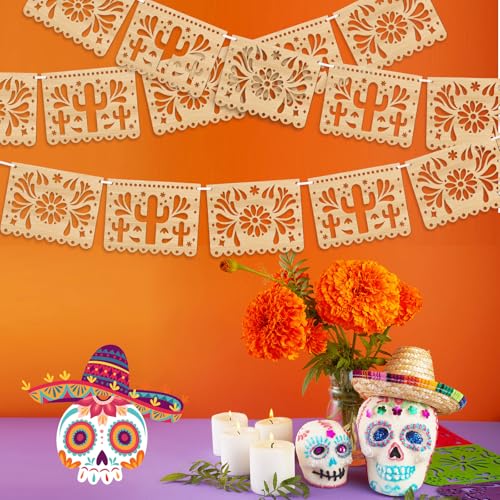 Image of Simgoing 4 Pack Papel Picado Classroom Decor Wooden Mexican Banners,Fresh