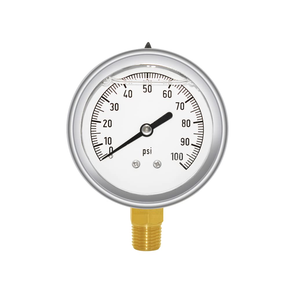 Joywayus Pressure Gauge 0-100 PSI Brass 1/4" NPT Male Thread Lower Mount, Glycerin Filled, Stainless Steel Case, Multiple Function