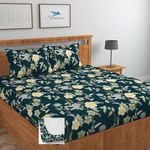 Image of 210 TC Glace-Cotton All Around Elastic Fitted Bedsheet, Elastic Fitted Bedsheet King Size Bedsheet for Double Bed with 2 Pillow Covers, Size - 72 x 78 x 8 Inch Color Green