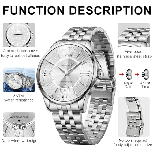 Image of Letoff Men's Analog Watch,Tool-Free Adjustable Clasp, Water Resistant 100ft, Roman Numeral Dial, Stainless Steel Case & Strap, Perfect for Business & Casual Wear