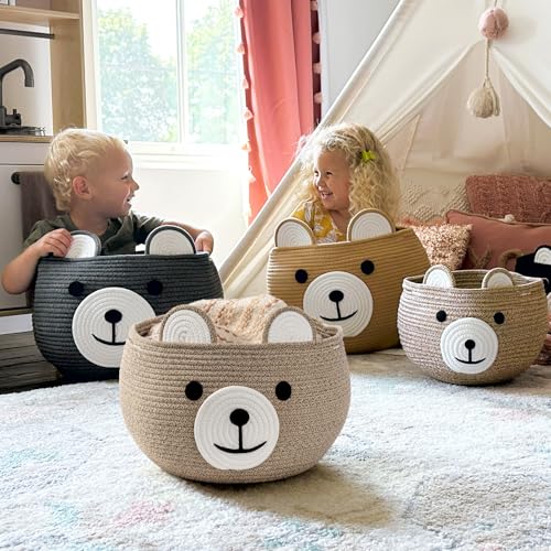 Image of CherryNow Baby Basket for Nursery, Bear Gift Baskets for Kids, Baby Shower Basket with Handles, Small Cute Animal Baskets, Light Brown, 15.7 inch D x 10.5 inch H