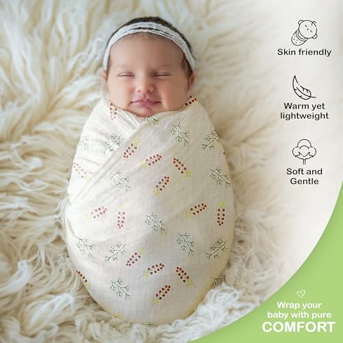 Image of Organic Muslin Baby Blanket 3-Pack Pink, Floral & Rust, 38x40 Inch 100% Organic Cotton Oeko-TEX Certified Ultra-Soft Swaddle Blankets for Newborn, Baby Girl Shower Gift Set