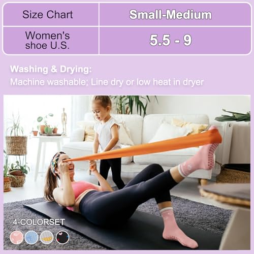 Image of Pilates Socks for Women, Non Slip Grip Socks for Yoga, Barre, Hospital, Grippy Socks Womens Gifts, 4 Pairs