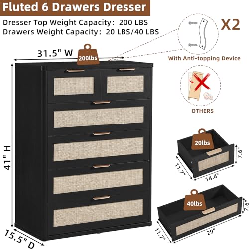 Image of LEYAOYAO Rattan Dresser for Bedroom Set of 2, 42 inch Tall Chest of Drawers, Modern 6 Drawers Boho Dressers with Storage, Light Oak Dresser Wooden Closet Organizer for Living Room, Hallway, Black