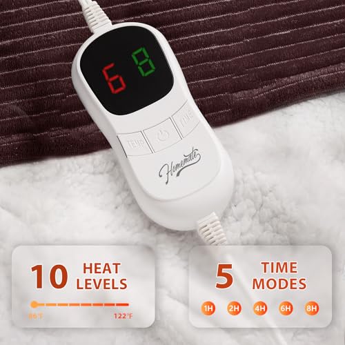 Image of Homemate Heated Blanket Electric Throw - 50 inchx60 inch Heating Blanket Throw 1 /2 /4 /6 /8 Hours Auto-Off 10 Heat Levels Over-Heat Protection Soft Flannel Sherpa ETL Certification