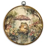 CUANFDDSF Vintage Frog Round Wall Art, Cottagecore Farmhouse Frog Framed Hanging Wall Decor, Whimsical Rainy Day Animal Canvas Prints Decorations for Home Bedroom Living Room, 10x10 Inch