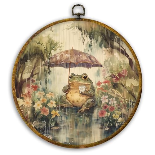 Image of CUANFDDSF Vintage Frog Round Wall Art, Cottagecore Farmhouse Frog Framed Hanging Wall Decor, Whimsical Rainy Day Animal Canvas Prints Decorations for Home Bedroom Living Room, 10x10 Inch