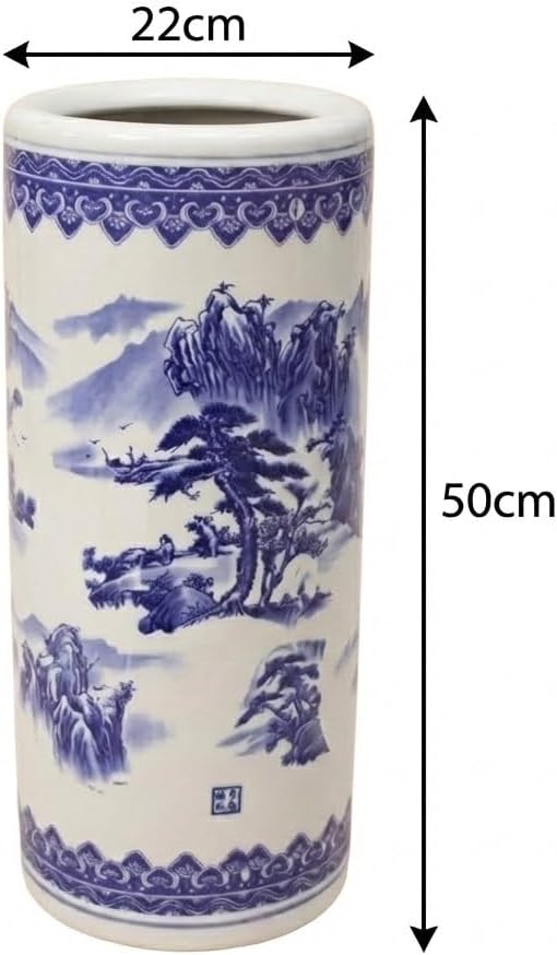 Ceramic Umbrella Stand, 20 Inch Blue and White Porcelain Umbrella Holder, Freestanding Cane Storage Rack for Entryway, Heavy Duty Round Organizer for Walking Sticks, Waterproof Porch Accessory