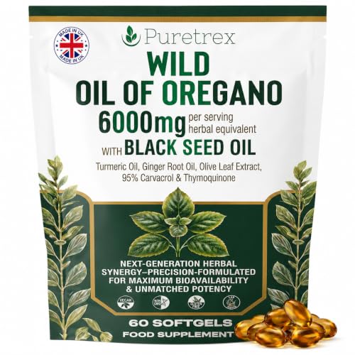 PURETREX Wild Oregano Oil 60 Softgels Made in UK 6000mg with 95% Carvacrol Black Seed Oil Turmeric & Ginger High Potency Herbal Formula for Immune Gut & Respiratory Support