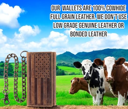 Image of F&L CLASSIC RFID Blocking Mens Tri-fold Long Style Cowhide Leather Steel Chain Wallet,brown flag,212-100