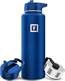 Camping & Hiking Hydration Flask with 3 Lids - Stainless Steel, Double Walled & Vacuum Insulated Water Bottle - Leak Proof & BPA Free (Cobalt, Straw - 40 oz)