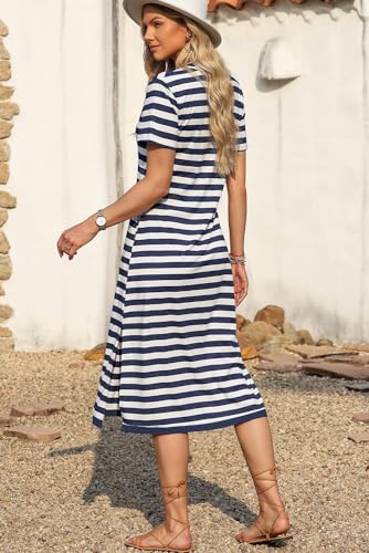 MARZXIN Women 2025 Casual Maxi Dress Short Sleeve V Neck Stripe Sundress Split Loose Long Summer Tshirt Activewear Dress3
