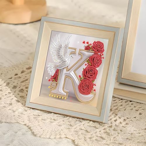 Image of AiYuanzsh 5D Diamond Art Kits for Adults Letter K, Romantic Rose & Dove Alphabet Diamond Painting, Luxury Special Shape Diamond Art for Adults DIY Crystal Rhinestones Home Decor 17x17cm