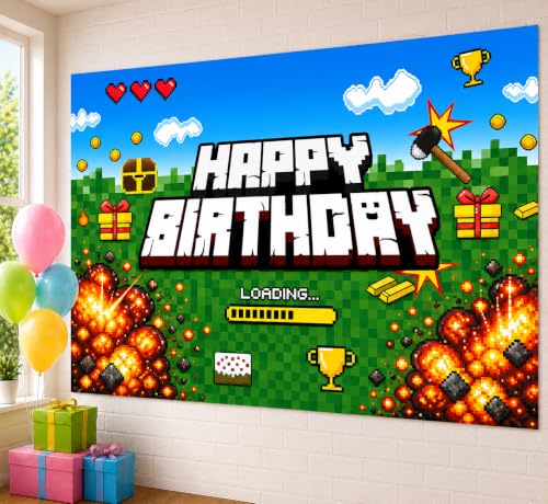 Image of Happy Birthday Banner Boy 5x3ft Birthday Sign Village Gaming Birthday Party Decorations Videogame Themed Banner Video Game Decorations Video Game Happy Birthday Backdrop for Boys