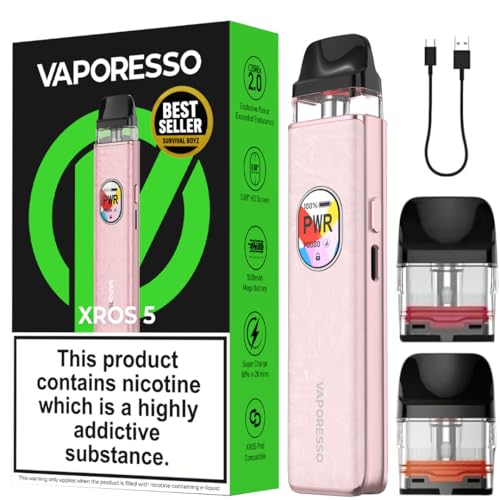 Vaporesso XROS 5 Vape Kit [Opal Pink] 1500mAh Mega Battery Fast Charge in 20 Min Anti-Leak Tech 0.88 Display Includes 2 Pods (0.6 + 0.8) 14 Available Colours No Nicotine