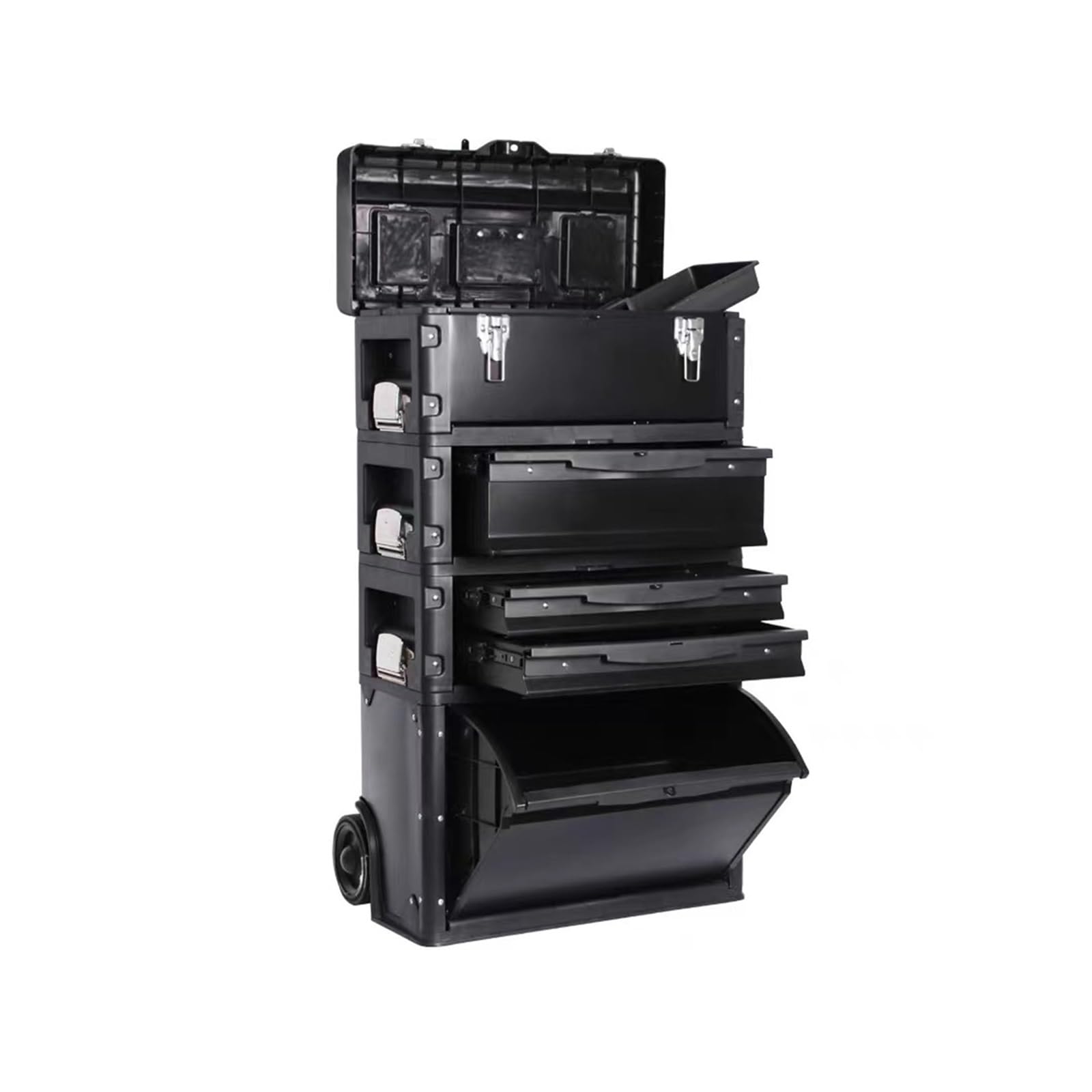 Fzl02068lm Black Tool Case Toolbox Four-Layer Combination Rolling Work Centre With Pull Handle Detachable Multifunctional 4 Level Workstation Storage Solution(Black)