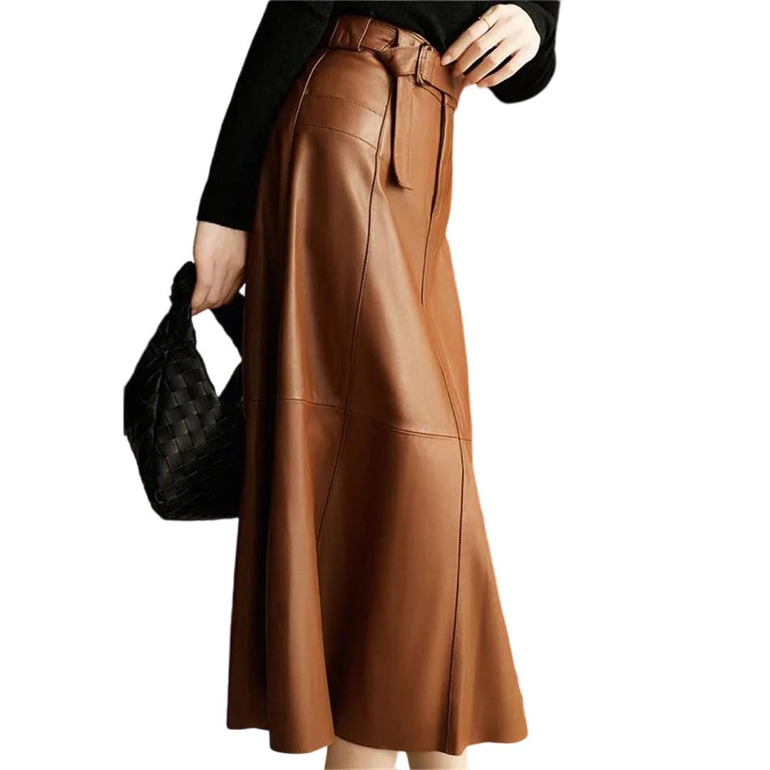 Womens Solid Color High Waist with Belt Spring and Winter Retro Office A-Line Long Leather Skirt