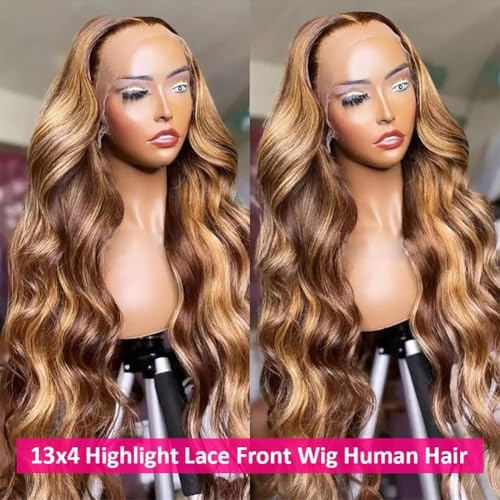 Image of Pizazz Honey Blonde Lace Front Wigs Human Hair Pre Plucked with Natural Hairline 13x4 Glueless Wigs Human Hair 180 Density 4 /27 Highlight Body Wave Lace Frontal Wigs 18 Inch