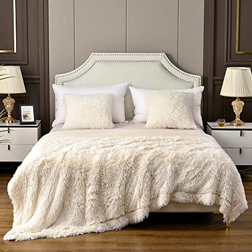YUSOKI Cream White King Faux Fur Blanket,2 Layers,90"x104",Without Pillows Big Soft Plush Fuzzy Large Warm Fluffy Blanket for Bed