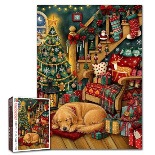Cozy Christmas Living Room Jigsaw Puzzles for Adults 1000 Pieces Christmas Tree Dog DIY Puzzles for Family Activity Games Winter Xmas Festival Room Golden Retriever Puzzles 19.7 x 27.6 Inch