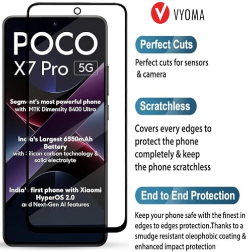 Image of VYOMA Military-Grade Gorilla Tempered Glass for Poco X7 Pro (Black) | Edge to Edge Full Screen Coverage | Scratch Resistant | With Easy Installation Kit | Screen Protector for Smartphone | Bubble-Free | Ultra Clear HD Glass | Oleophobic Coating | High Clarity | 9H Hardness | Scratch Resistant | ShatterProof | ScreenGuard | Pack of 1