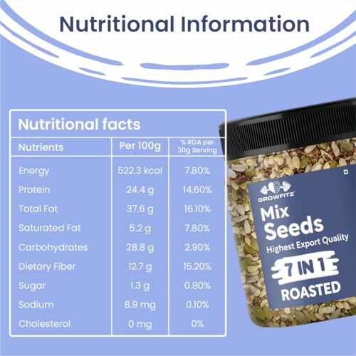 Image of Growfitz 7-in-1 Super Seed Mix | Pack of 3 (250g Each)| 24.4g High Protein & Fiber | Roasted Pumpkin, Sunflower, Flax, Chia, Soy Nuts & Sesame | Healthy Snack |