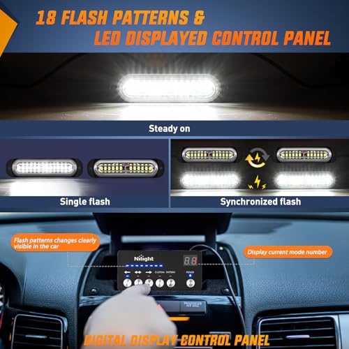 Image of Nilight 8PCS Led Strobe Lights with Controller 12V 24V Sync Feature White | 12 LED Surface Mount Emergency Hazard Warning Lights with Strobe Controller for Vehicle Car Truck RV ATV