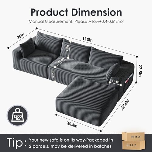 110”Modern Modular L-Shape Couch with Chaise, Modular Sectional Couches for Living Room, Deep Seat Boneless Sofa Bed, No Assembly Required Sleeper Sofa, Plush Corduroy Fabric, Dark Gray