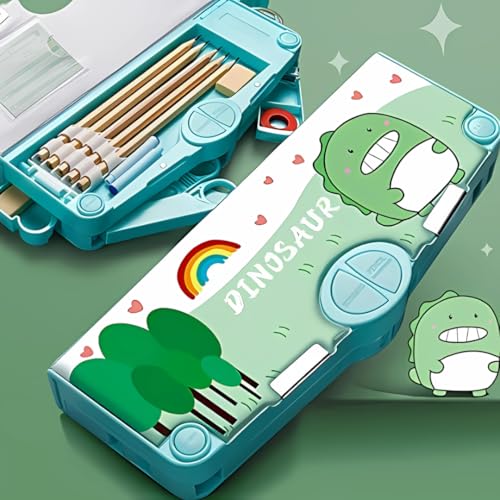 Image of Storio Kids Pencil Box, Space & Dino Theme, Unisex, Multi-Color, 4 Compartments, Magnetic Lock