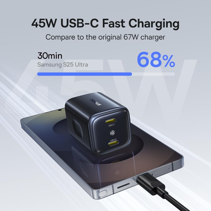 Image of Baseus Inspire XH1 Adaptive Active Noise Cancelling Headphones 45W USB C Charger, Dual Port PPS Fast Charging Block