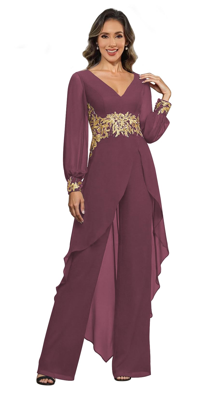 2 Pieces Mother of The Bride Pant Suits for Women Dressy Long Sleeve Lace Applique Formal Dresses for