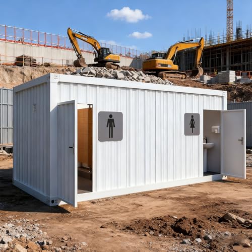 Cabina WC portatile con lavello: lavabo, WC, ventilazione e sistema di illuminazione integrati migliora gli standard igienico-sanitari nei progetti di costruzione.