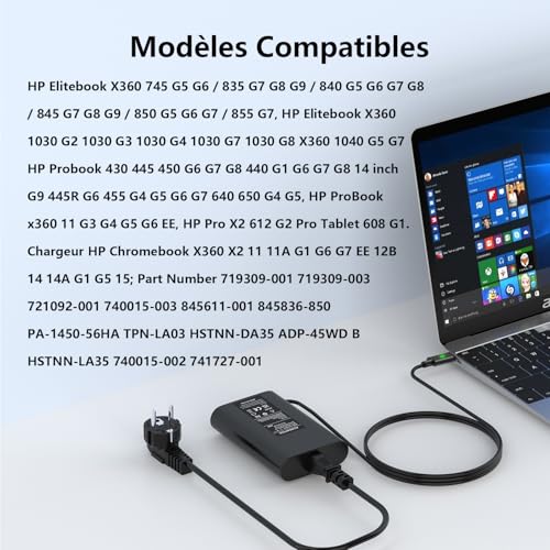 65W Chargeur HP USB C Ordinateur Portable pour HP Elitebook 840 850 G5 G6 G7 Probook 430 440 450 470 G6 G7 G8 Spectre X360 Pavilion X360 Chromebook Alimentation Type-C PC Adaptateur – vue 4