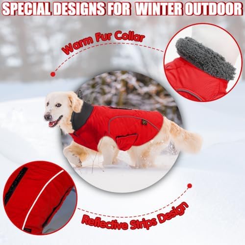 EMUST Winter Coat for Large Dogs, Windproof Dog Jacket for Cold Weather, Extra Warm Dog Winter Clothes for Small Medium Large Dogs, Red, XXL - 3