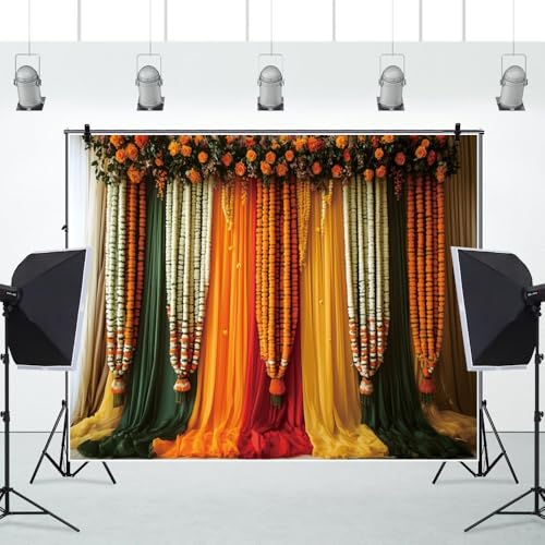 Image of 10x8ft India Pooja Traditional Backdrop Colorful Curtains Floral Indian Photography Background Puja Ganpati Mehndi Diwali Party Decorations for Wedding Birthday Festival Photo Props