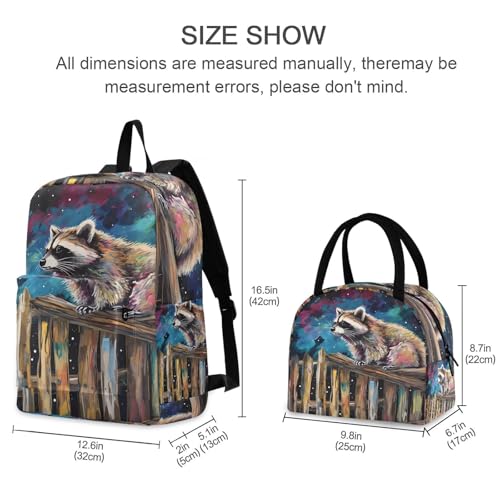 Backpack Lunch Box Set Large Capacity Travel Backpacks and Insulated Lunch Bag for Commute Hiking Picnic Farm Raccoon Print2