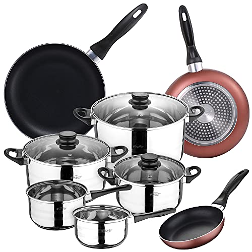 San Ignacio 8-Piece Stainless Steel Cookware Set + 3 Frying Pans Ø16/20/24 cm Pressed Aluminium, Suitable for Induction