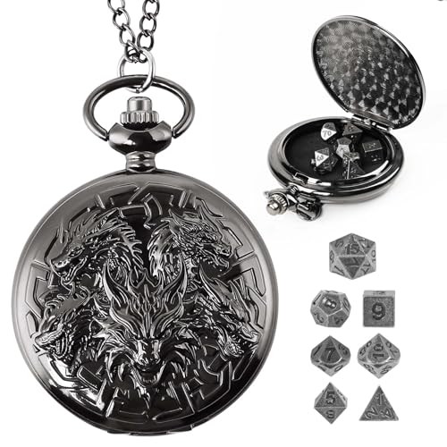 Banloga D&D Dice Set,7PCS Metal Dice for Dungeons and Dragons,Mini Dice Set with Pocket Watch Case,Role Playing Board Games Accessories (Dragon, Black)