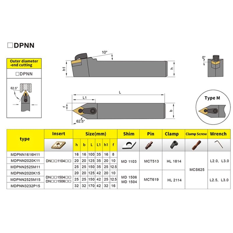 1pc MDPNN Lathe Cutting Machine Tools MDPNN2525M11 MDPNN2020K11 MDPNN1616H11 External Turning Tool Holder DNMG Carbide Inserts(no Inserts)(MDPNN1616H11)