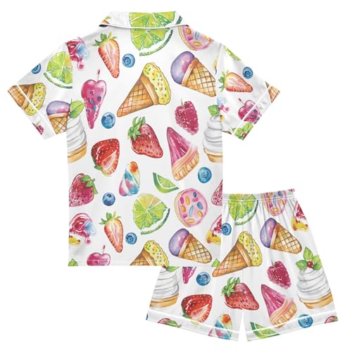 ALAZA Sweet Blueberry Ice Cream Pajamas Satin Pajama Set Short Sleeve Button Down Sleepwear2