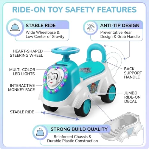 Image of Kids Ride-On Push Car with LED Lights & Steering Wheel - Toddler Ride On Toy Car with Music, Storage Seat & Backrest, Indoor Outdoor Ride Toy for Boys & Girls (Ages 1.5-3)