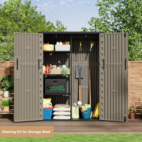 Image of KINYING Outdoor Storage Cabinet Waterproof, 57 Cu.ft Resin Vertical Outdoor Storage Shed for Patio Furniture, Garden Tools, Pool Accessories, Mower Storage (Brown)