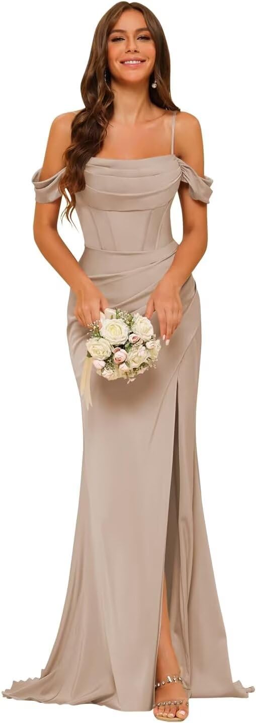 PUXIU Long Satin Bridesmaid Dresses with Silt 2026 Mermaid Formal Dress PUS046