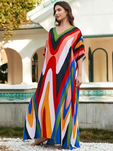 Image of IMAGEKOPE Women's Plus Size Loose Fit Moroccan Print V-Neck Batwing Kaftan Beach Dress Bathing Suit Cover Up