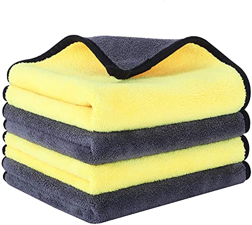 Image of Auto Hub Heavy Microfiber Cloth for Car Cleaning and Detailing, Double Sided, Extra Thick Plush Microfiber Towel Lint-Free, 800 GSM (Size 40cm x 40cm) /Pack of 4, Color: Yellow