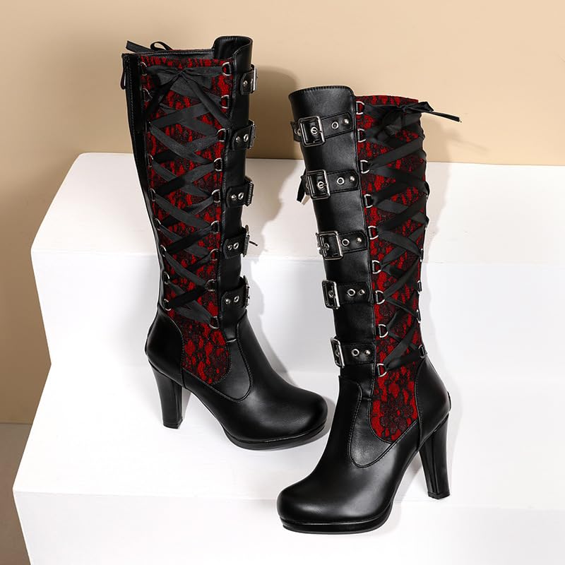 Lace Punk Knee High Boots for Women Back Zipper High-Heeled Combat Boots Buckle Block Heel Lace-up Black Goth Boots4