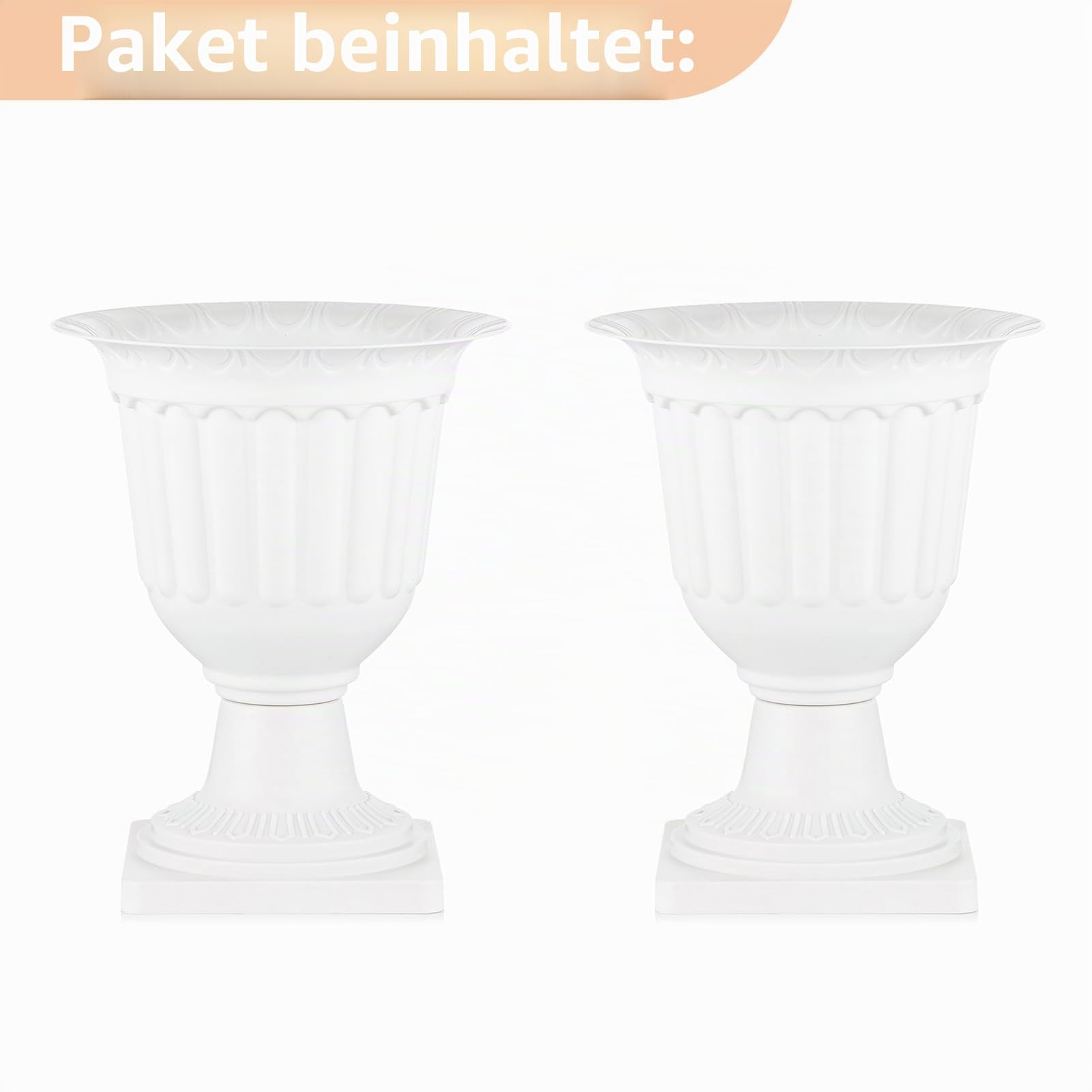 NUPTIO 2 Stück Blumenspindel, Dekorative Urne aus Kunststoff mit Einer Höhe von 35.5cm, Hoher Kunststoff Pflanzensockel, Blumentopf im Vintage Stil, Hausgarten Veranda Türdeck Balkondekoration, Weiß