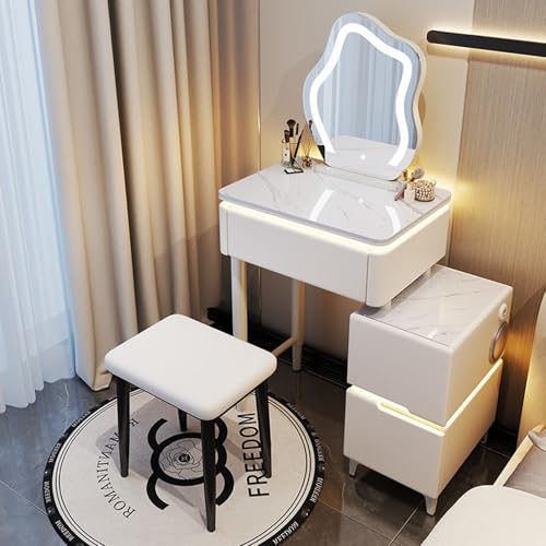 Commode de chambre intelligente avec audio Bluetooth et chargement sans fil, ensemble de commode en bois massif avec miroir éclairé par LED et tabouret,...